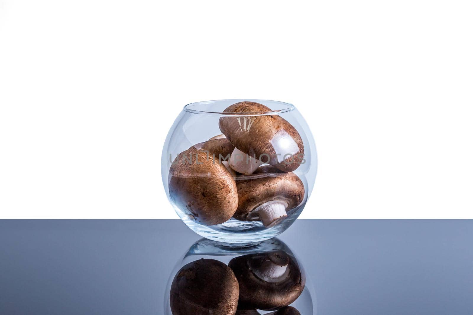 Transparent vase filled to the top with edible mushrooms on a white background with space for text