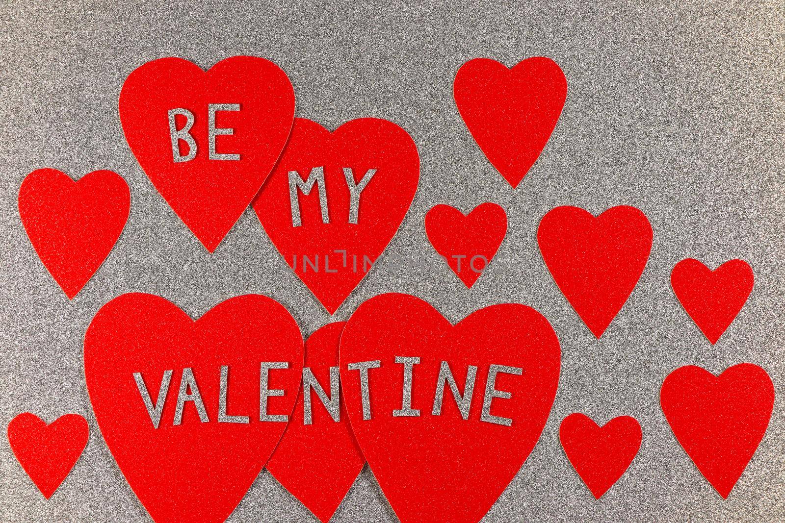 Be My Valentine Red Hearts On Silver Background by jjvanginkel