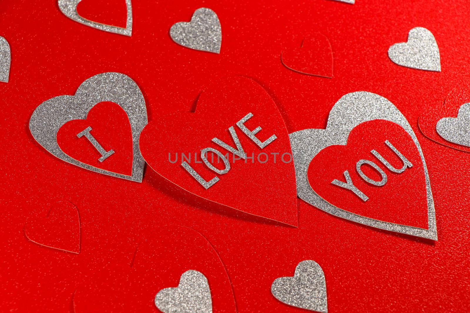 Saint Valentine's day I love you red and silver hearts abstract background design