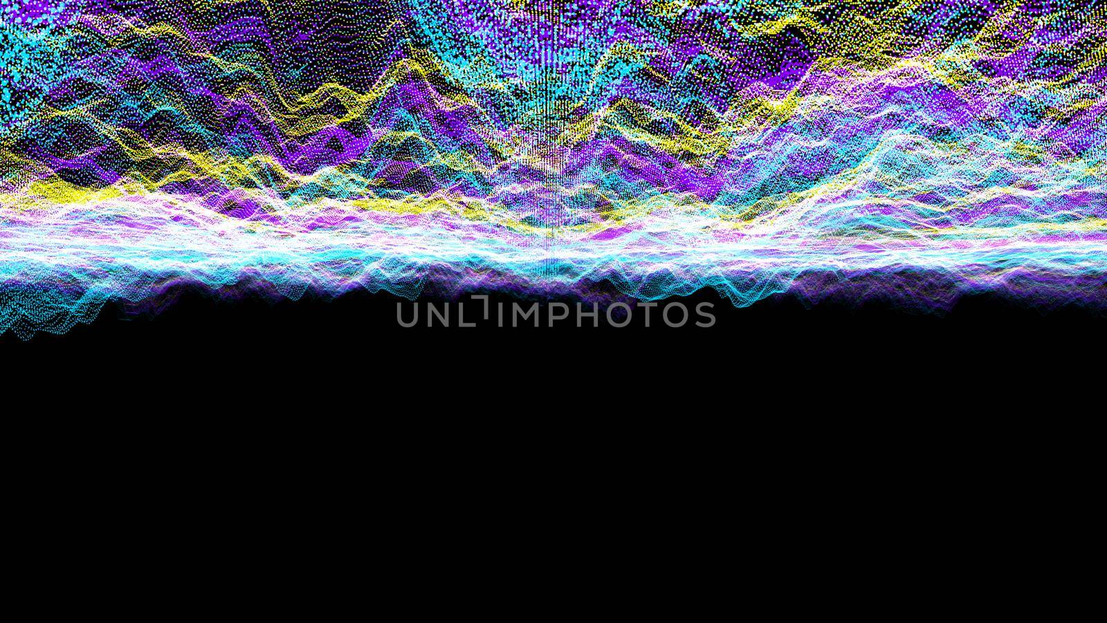 Futuristic abstract blur purple blue yellow waveform ball oscillation upside down, visualization wave technology digital surface with particles stars