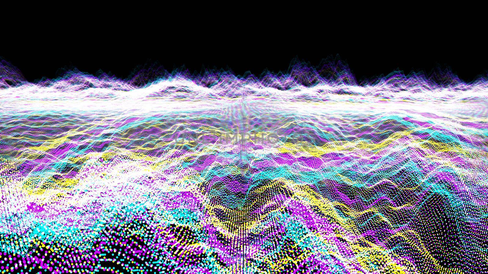 Futuristic abstract blur purple blue yellow waveform ball oscillation, visualization wave technology digital surface with particles stars