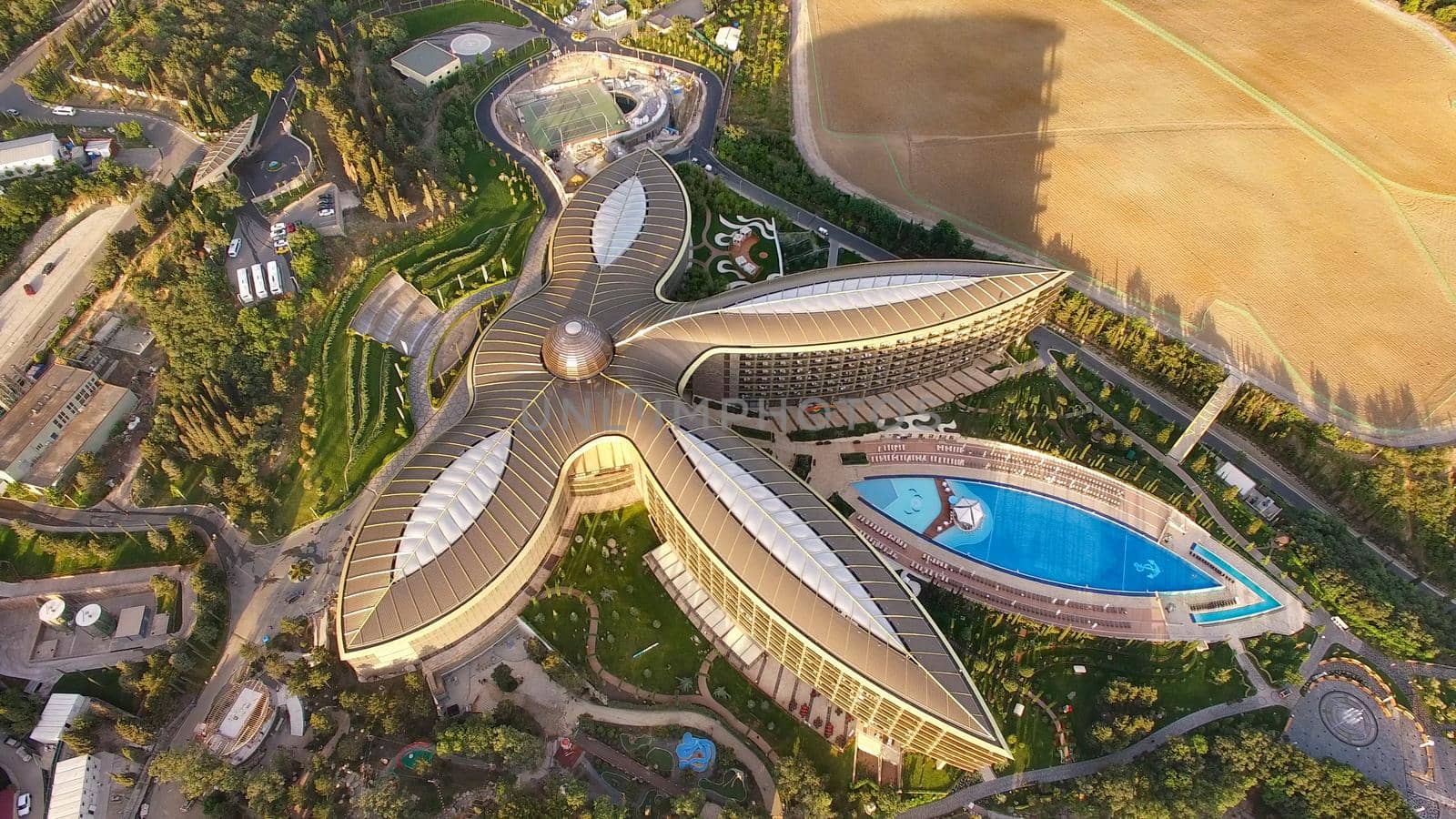 Yalta, Crimea-September 9, 2018: Aerial view of the modern health resort in the form of a Lotus flower on the beach.