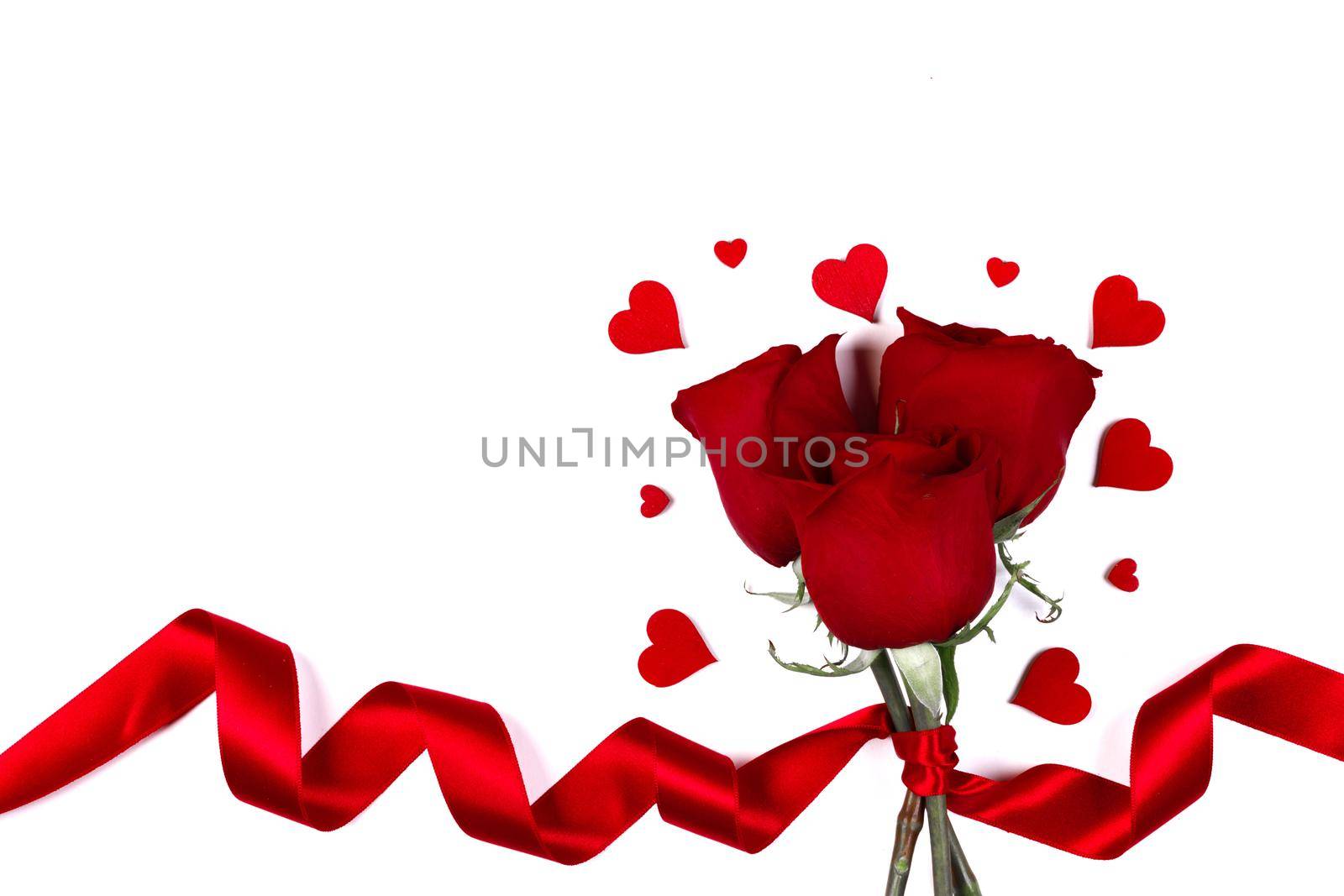 Valentines day hearts and red rose flowers isolated on white background