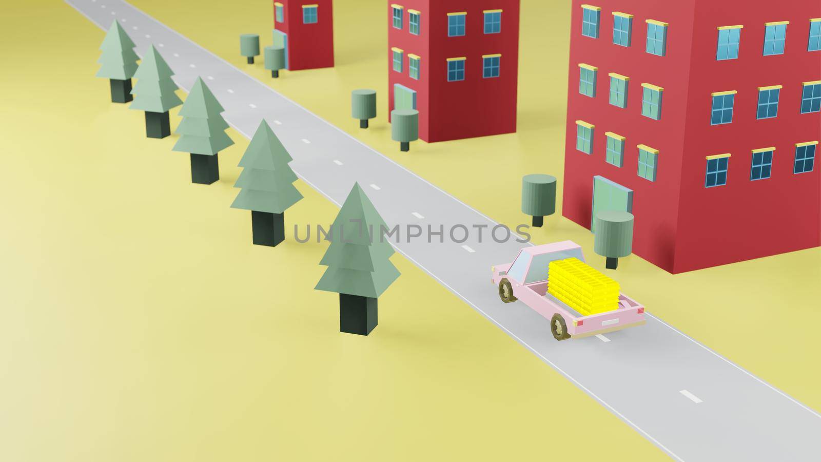 Truck transport stack fine gold bar on road have green tree on left and red building on right with yellow background and copy space 3d render.