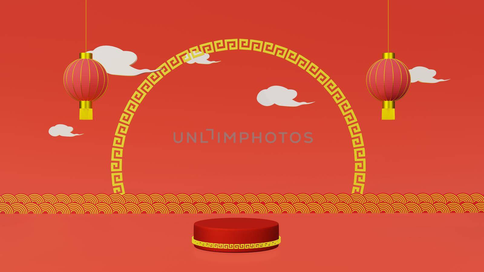 Red podium with golden girdle or stage background for show product have lamp and clouds on red and gold background with copy space 3d render. Chinese new year season concept.