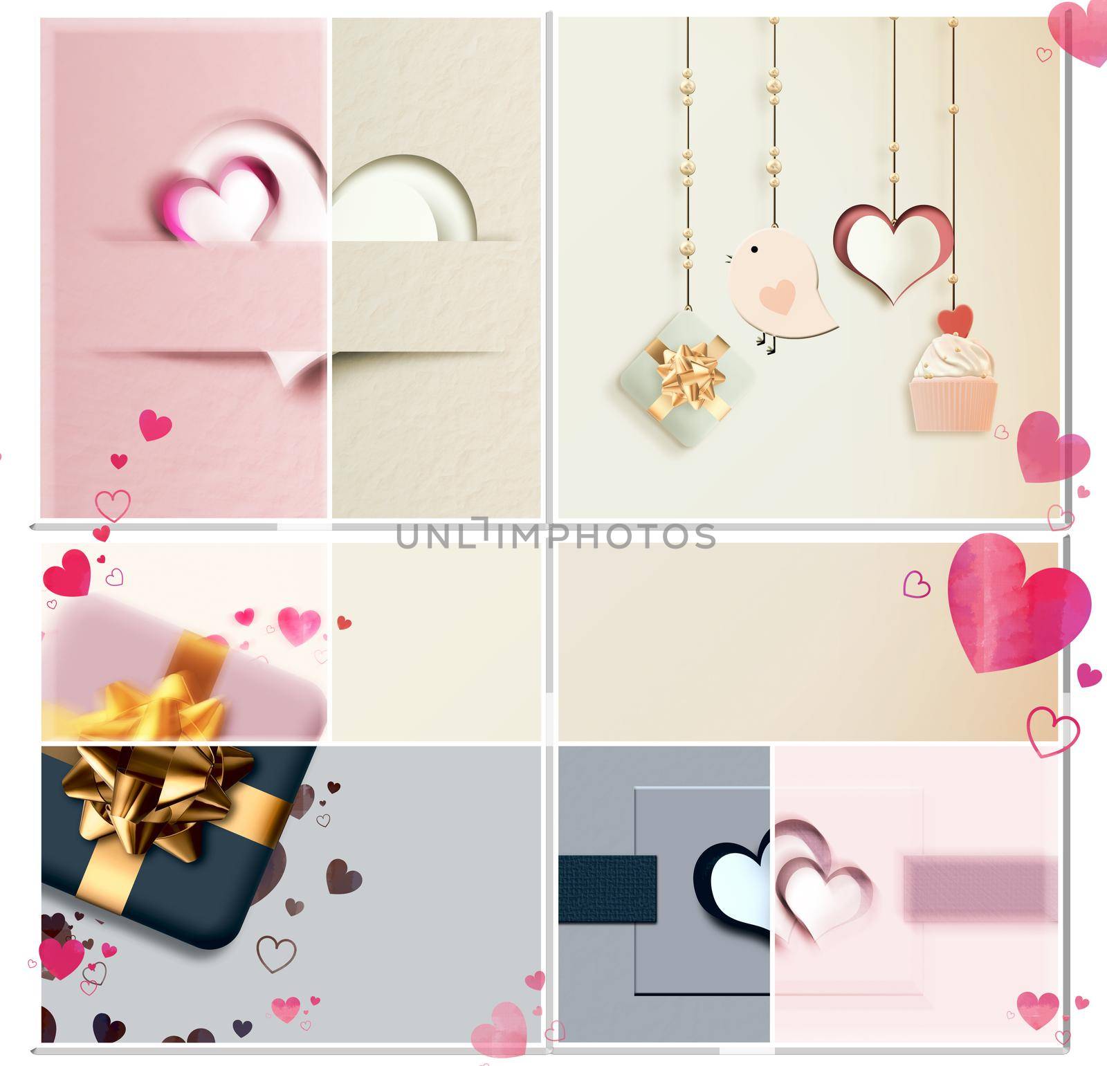 Modern love collage for Valentine, wedding birthday card. Pastel Vintage collection. 3D illustration