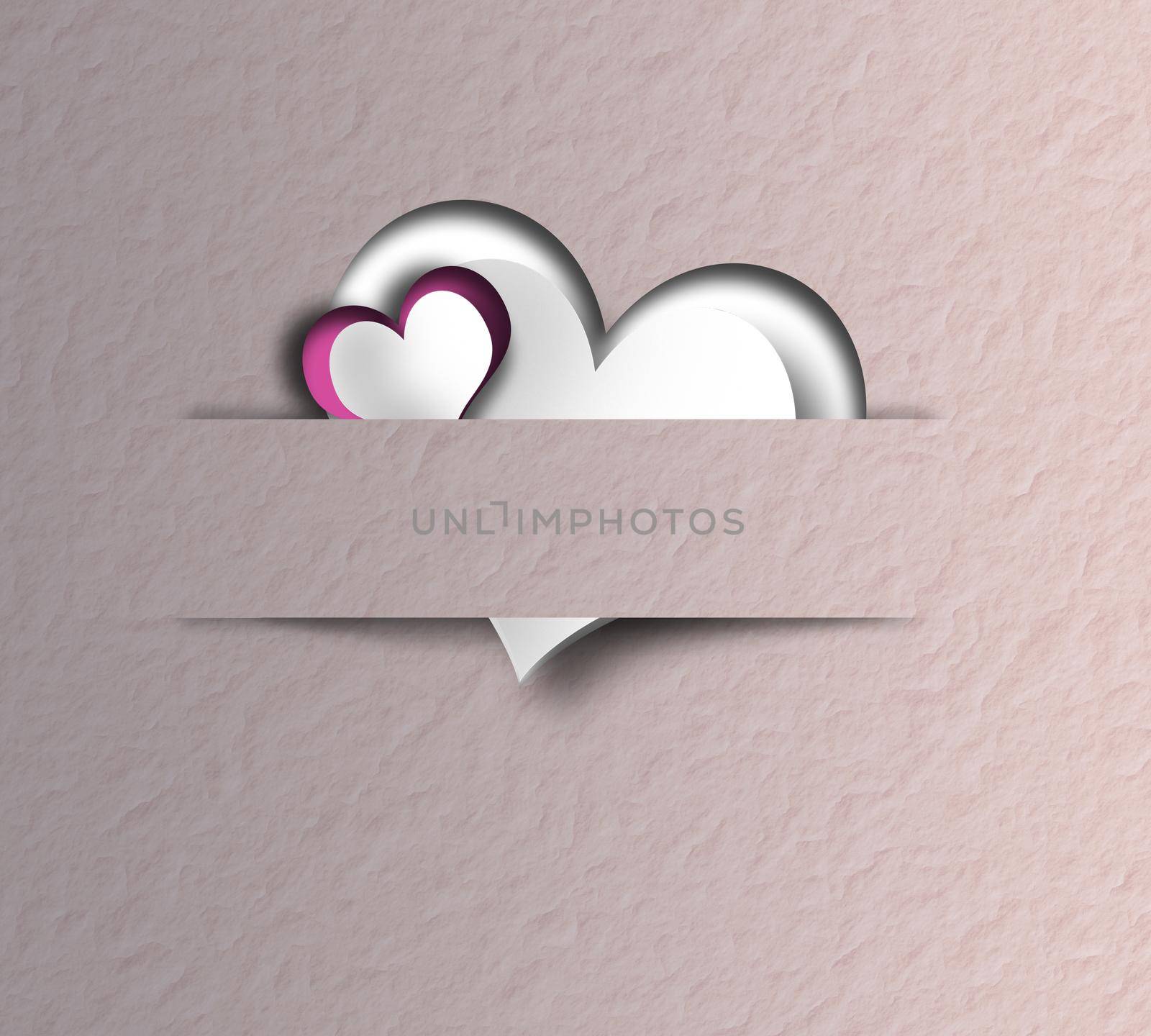 Elegant love Valentines card, pink hearts in paper strip on old paper pastel pink background. Pretty elegant Valentine day, birthday, love design. 3D render