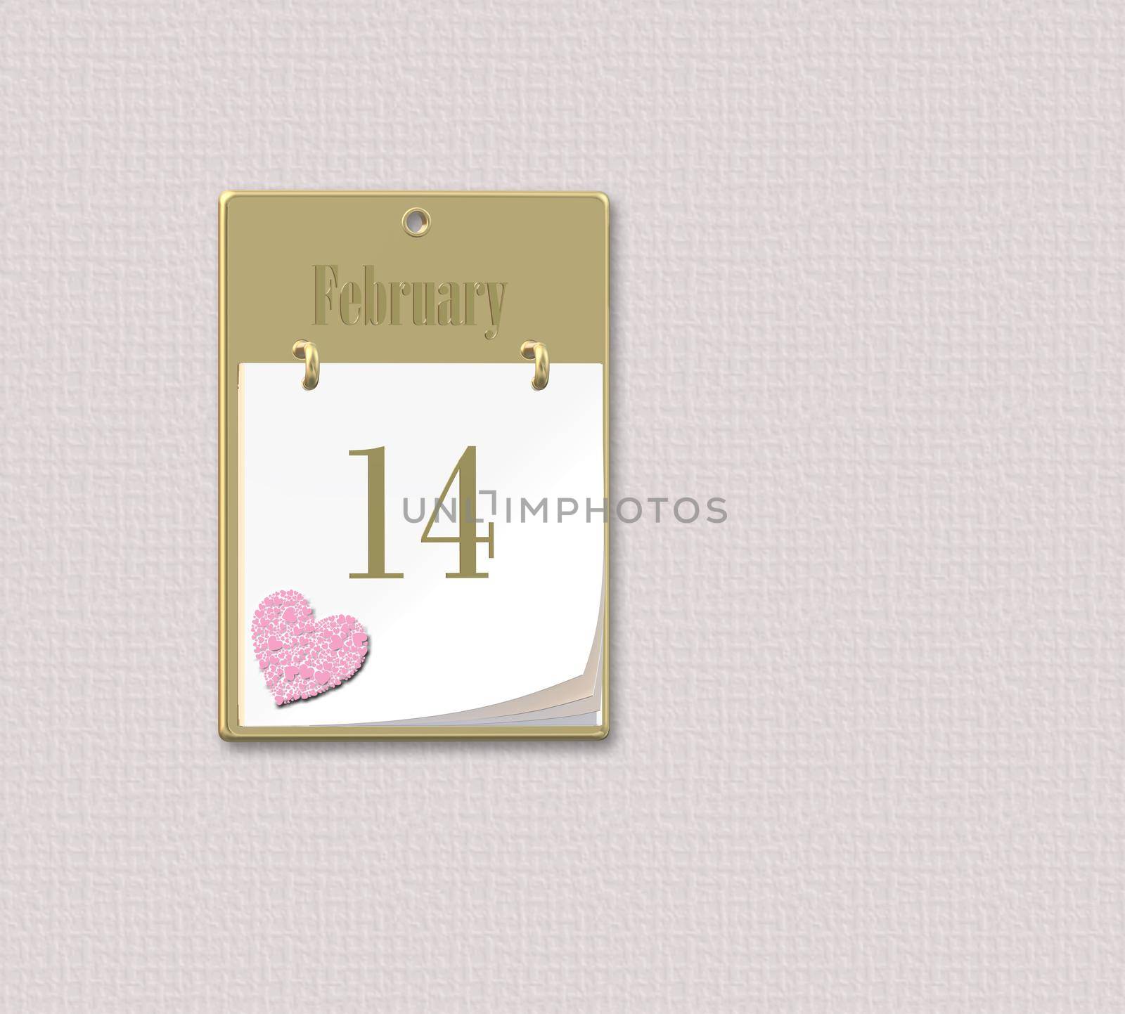 Calendar 14 February, Valentine's Day with pink Heart, Valentines card, day to remember. 3D illustration