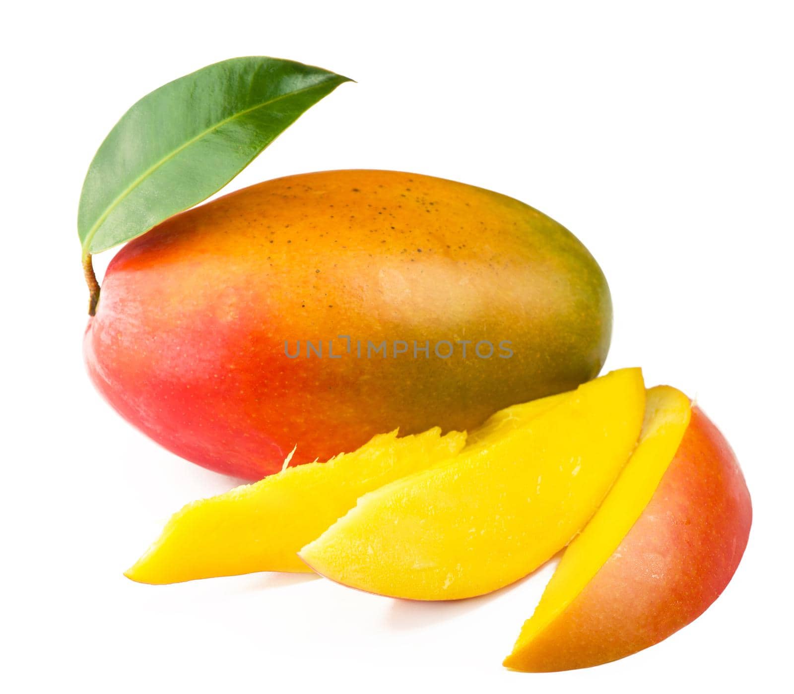 Mango fruit with green leave isolated on white background by aprilphoto