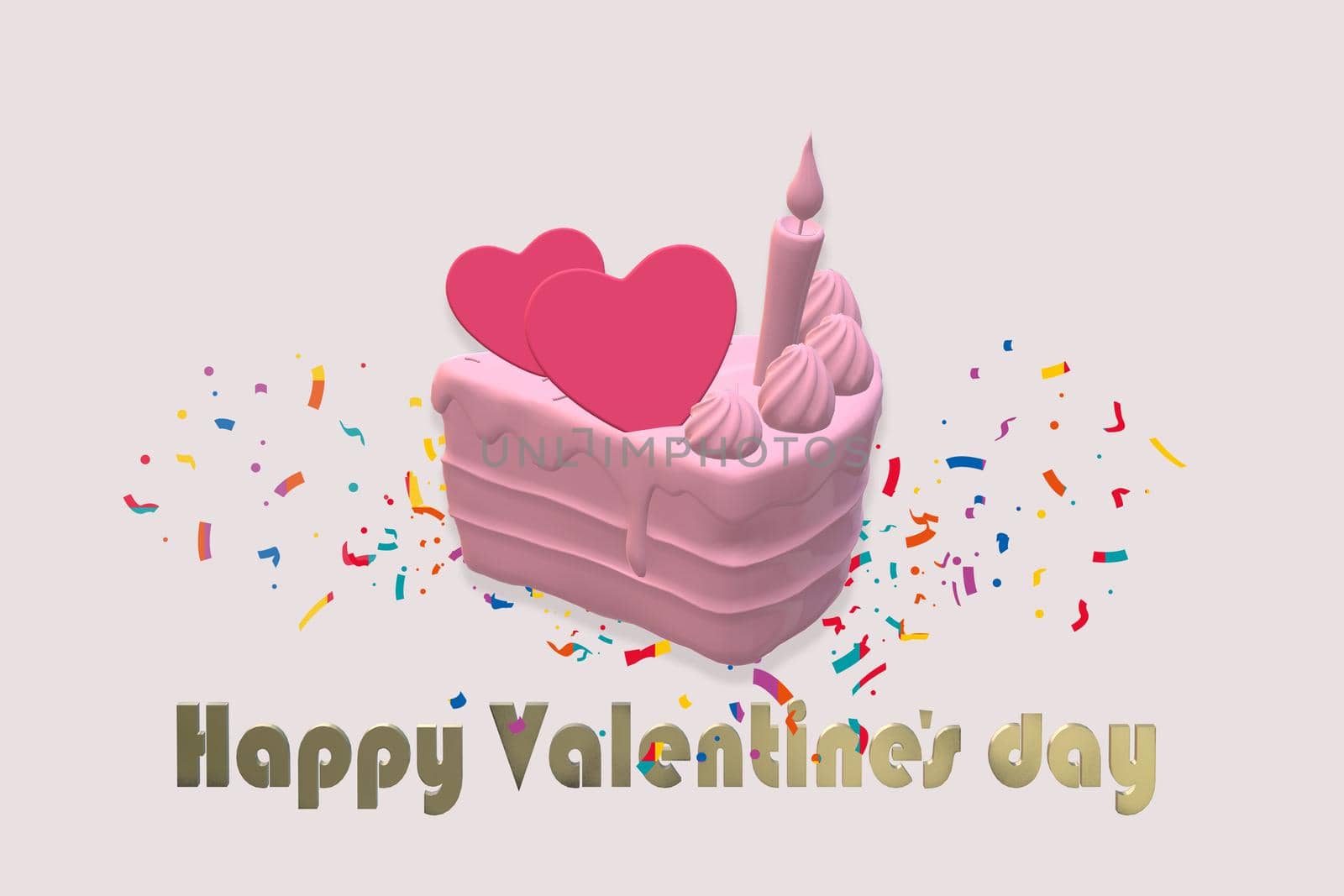 Hearts on cupcake, confetti, on pink background. Gold text Happy Valentines day. Valentines day, love, birthday card. 3D render