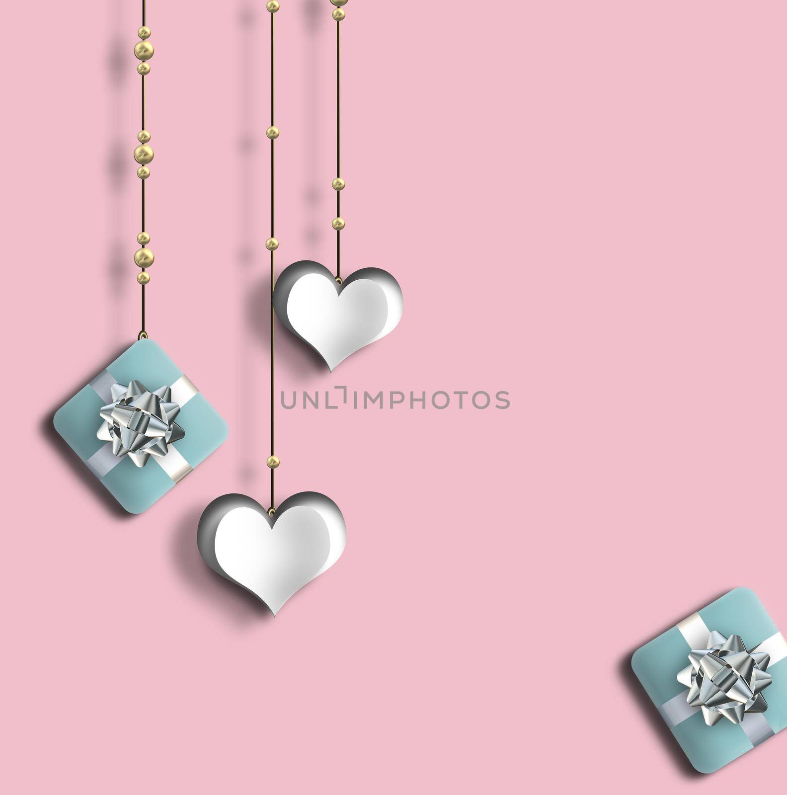 Pretty love card, Valentines card with hanging hearts. gift boxes on pink background. 3D Illustration