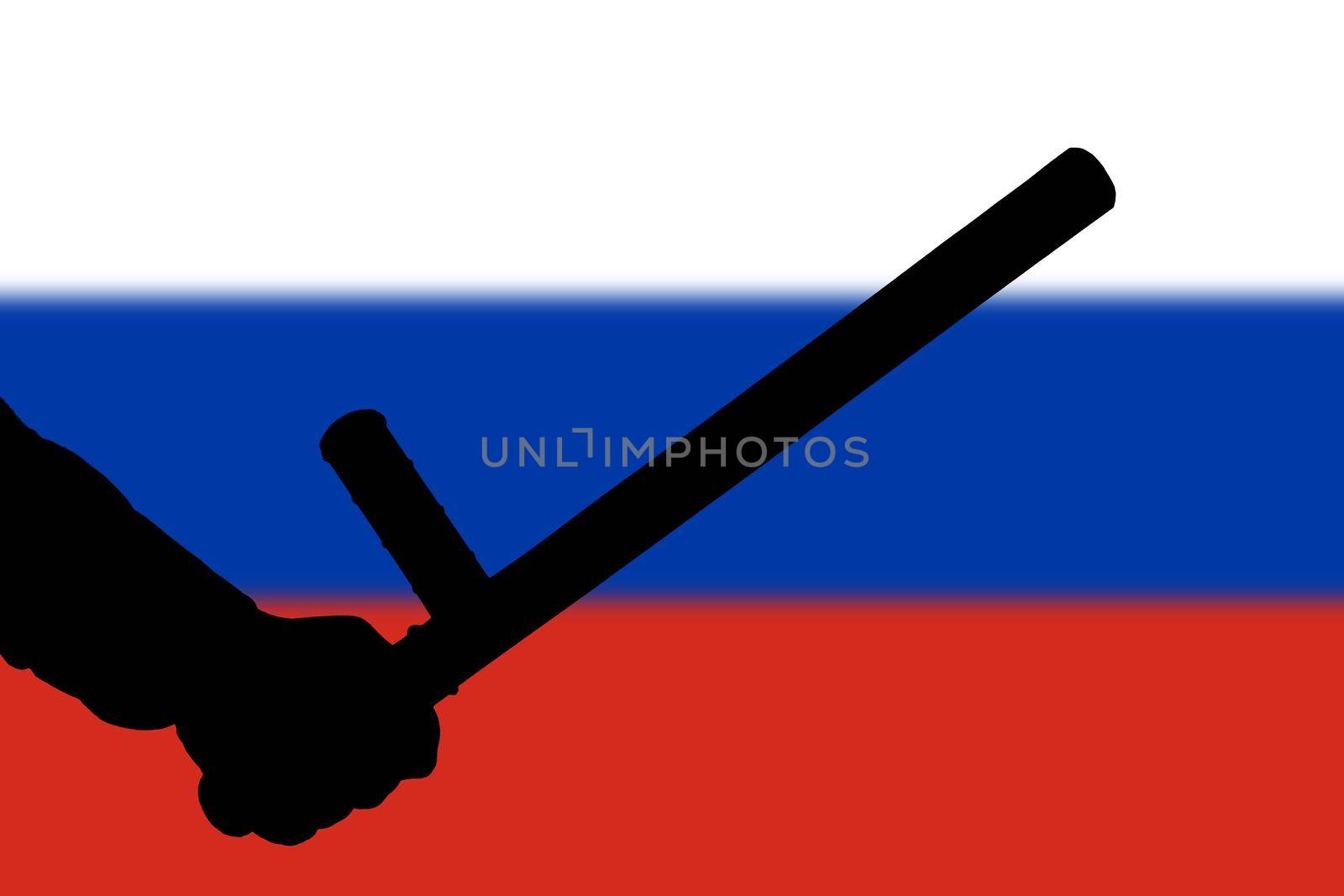 hand with police tonfa rubber stick silhouette and blurry russian flag in the background - violent riot control concept