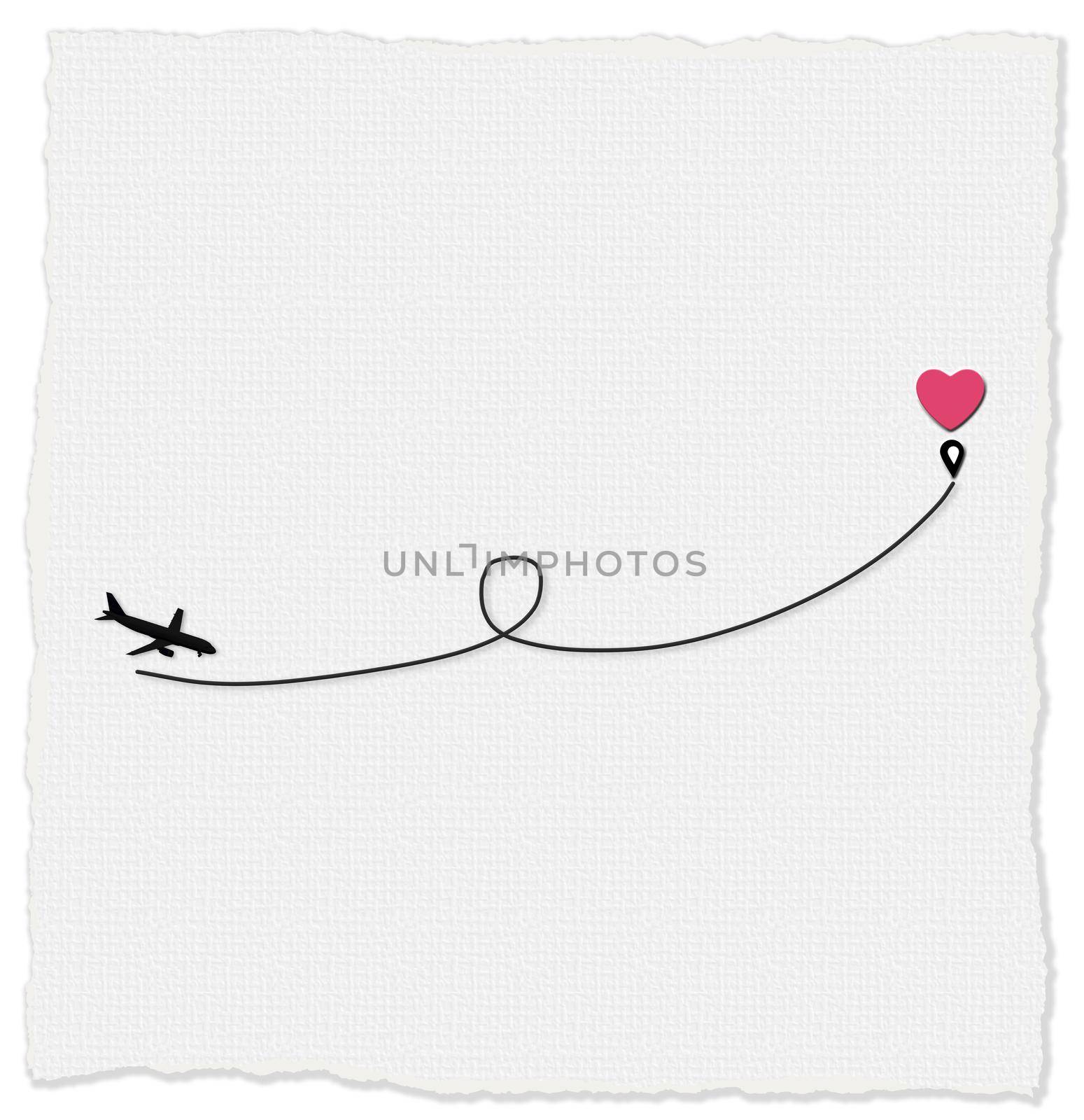 Love airplane route to destination point pink heart. Romantic travel, heart, plane route, path. Valentines card, love concept, isolated on white background. Copy space, place for text. 3D illustration