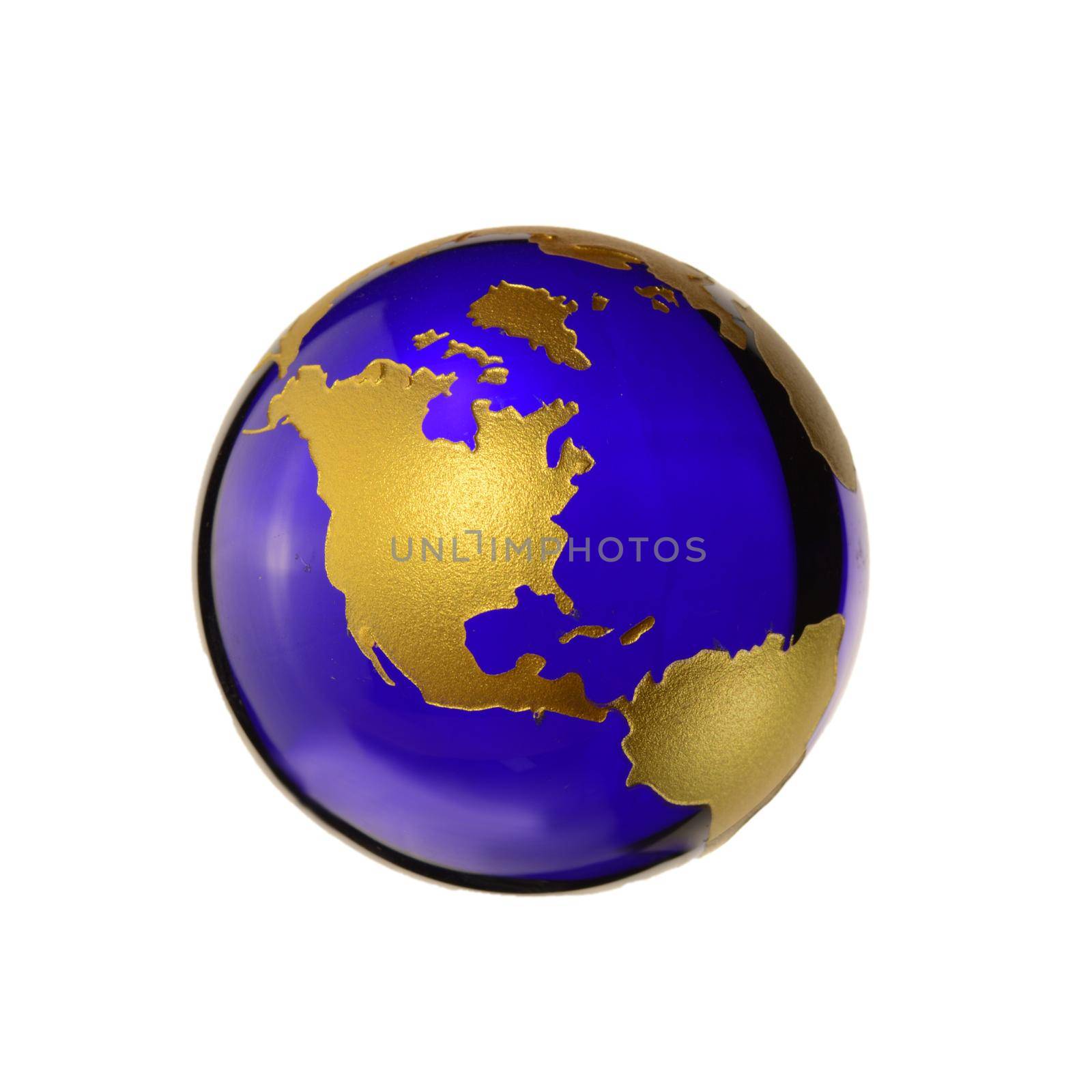 A glass blue marble of Earth is isolated over a white background.