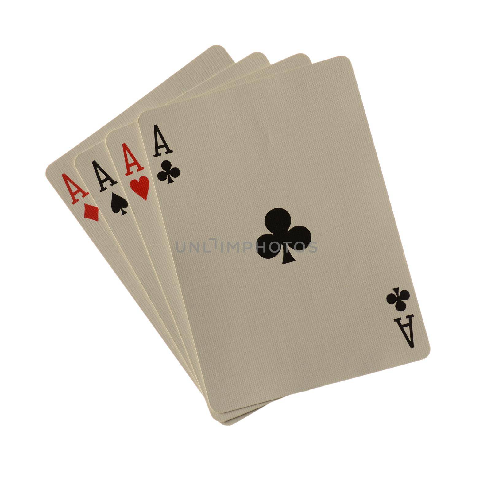 An isolated over white background image of a poker hand made of four aces.