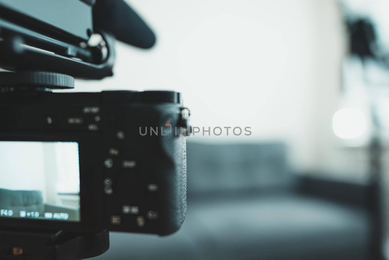 Video camera and light at home. Vlog concept. by dmitrimaruta