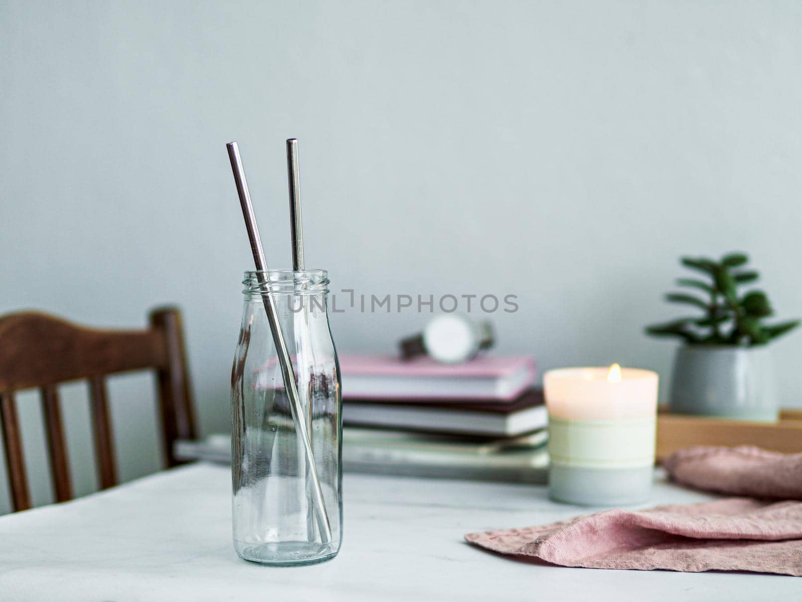 Metal recyclable drinking straws, copy space by fascinadora