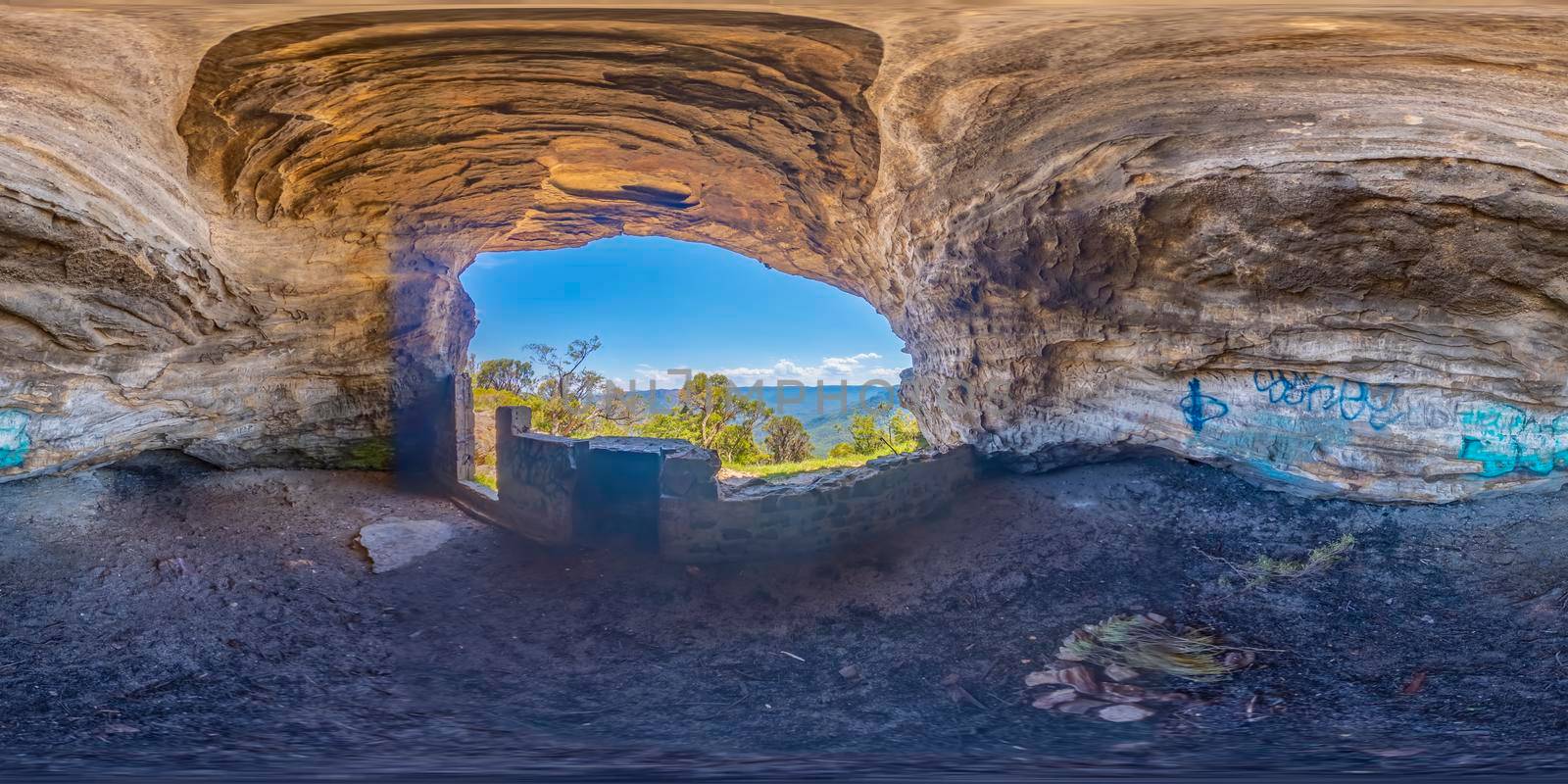 Spherical 360 panorama photograph of the Jamison Valley from Kings Tableland near Wentworth Falls in The Blue Mountains in regional New South Wales in Australia