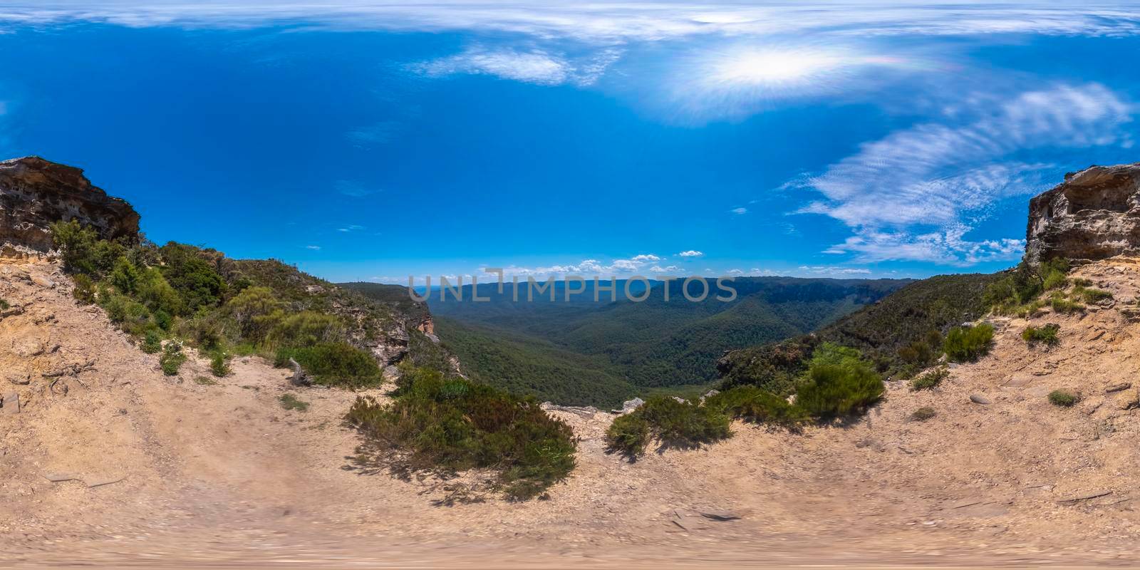 Spherical 360 panorama photograph of the Jamison Valley from Kings Tableland near Wentworth Falls in The Blue Mountains in regional New South Wales in Australia