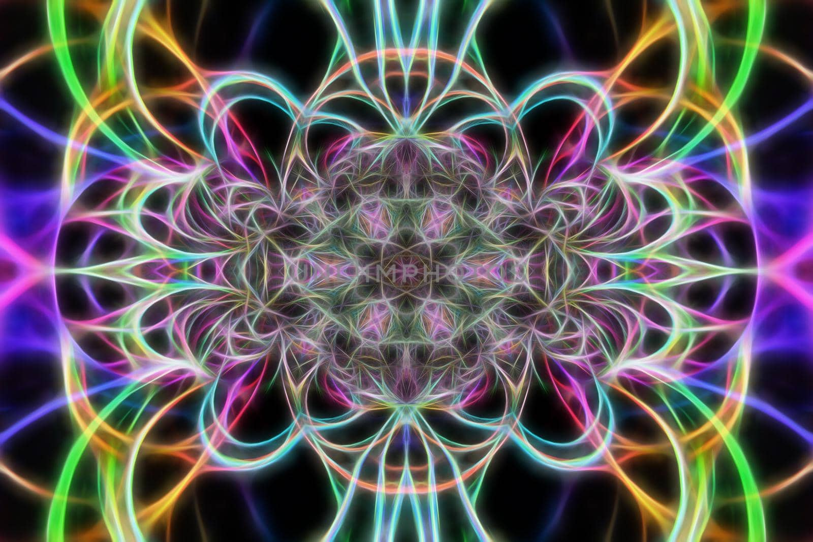 Abstract multicolored fractal neon kaleidoscope background.