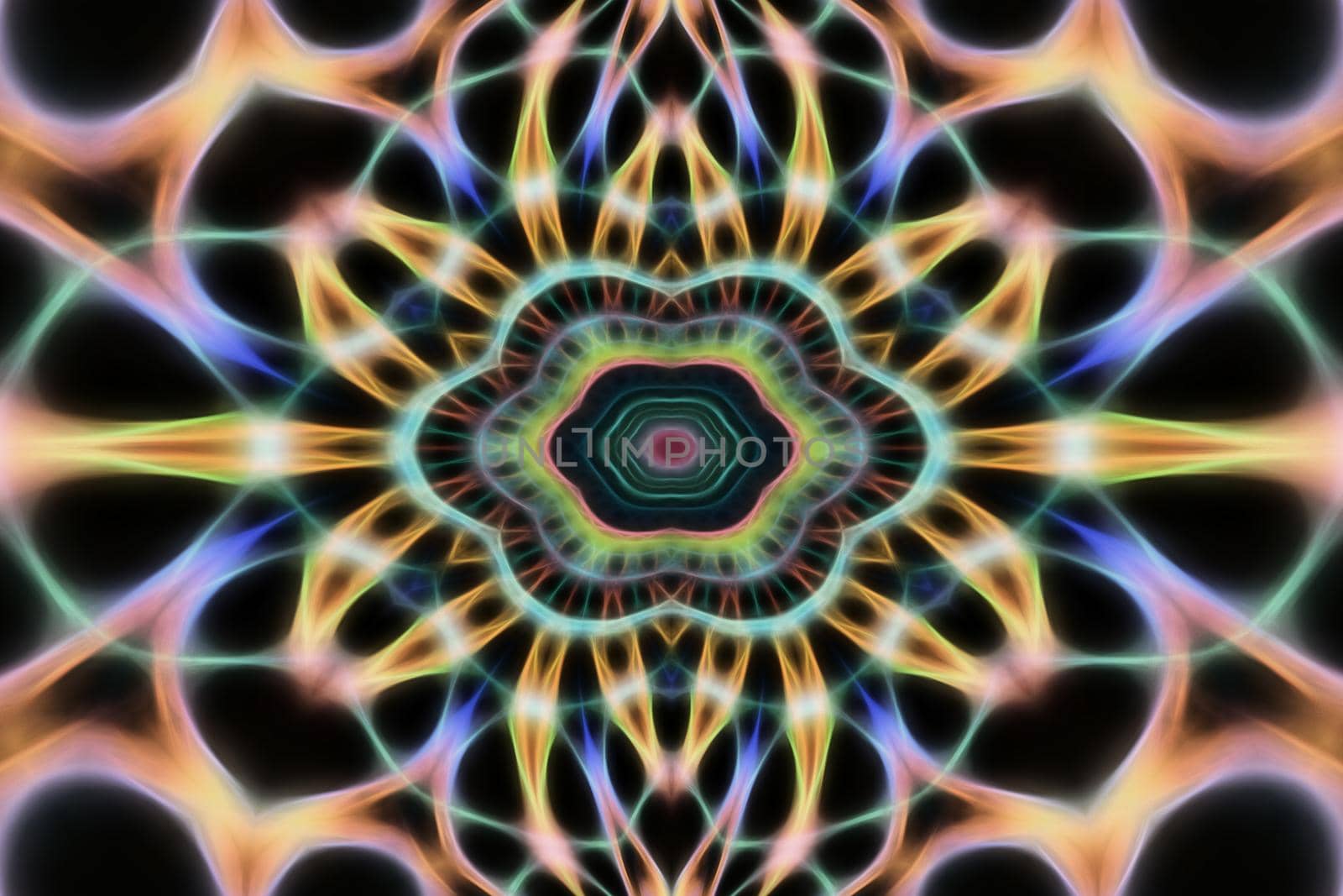Abstract multicolored fractal neon kaleidoscope background.