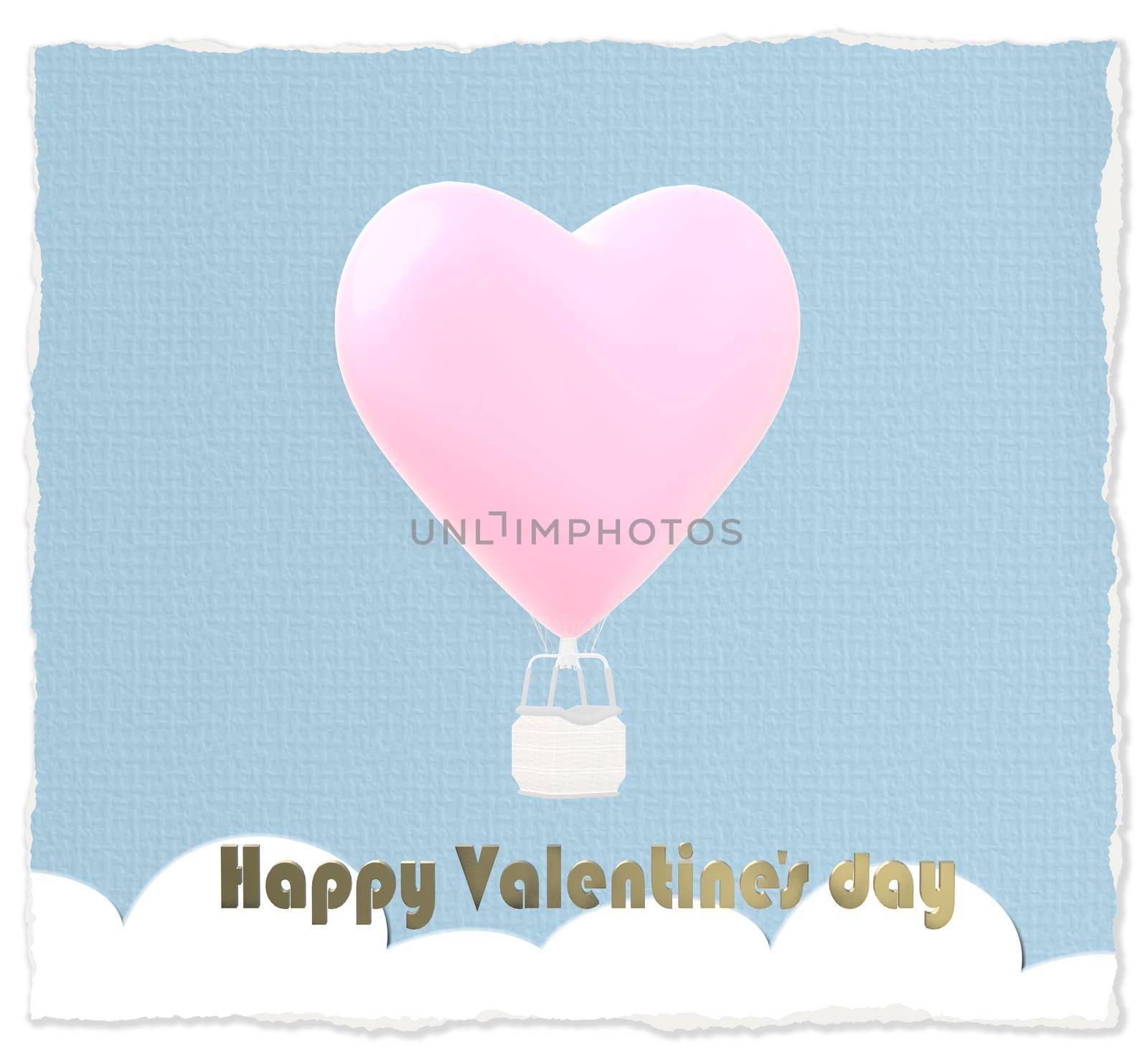 Love Valentine's card air heart balloon on blue pastel background. Valentines cute card. Gold text Happy Valentine's day, 3D illustration