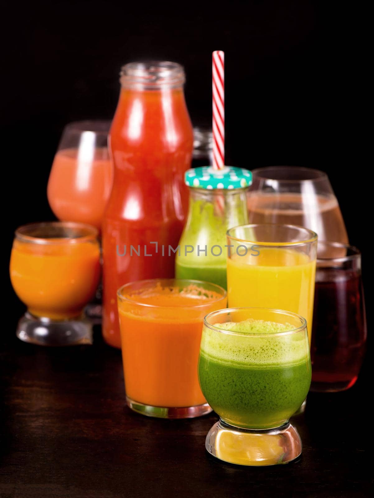 Various freshly squeezed fruits and vegetables juices