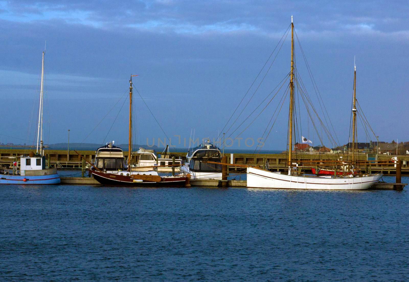 Sailing ships anchored at the bay in Lemvig, Denmark