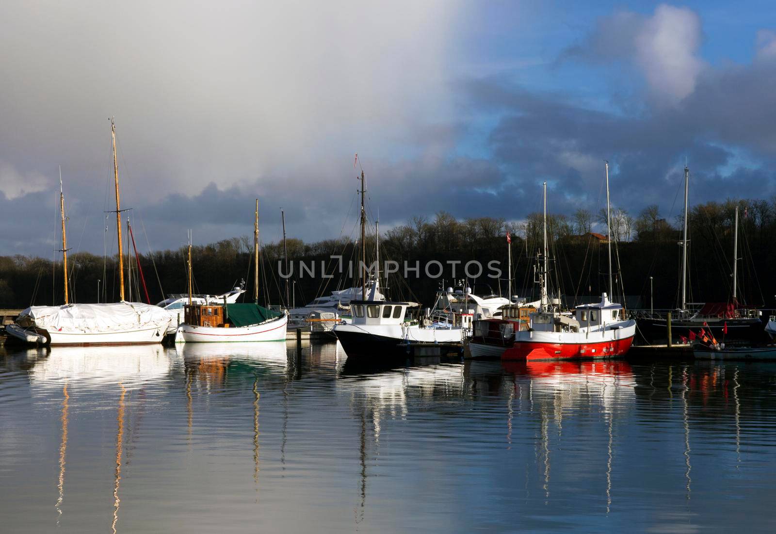 Sailing ships anchored at the bay in Lemvig, Denmark