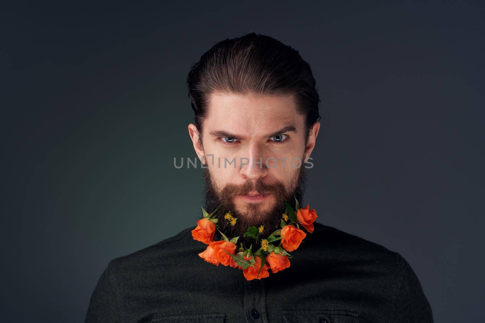 portrait of a man flowers in a beard decoration romance black background by SHOTPRIME