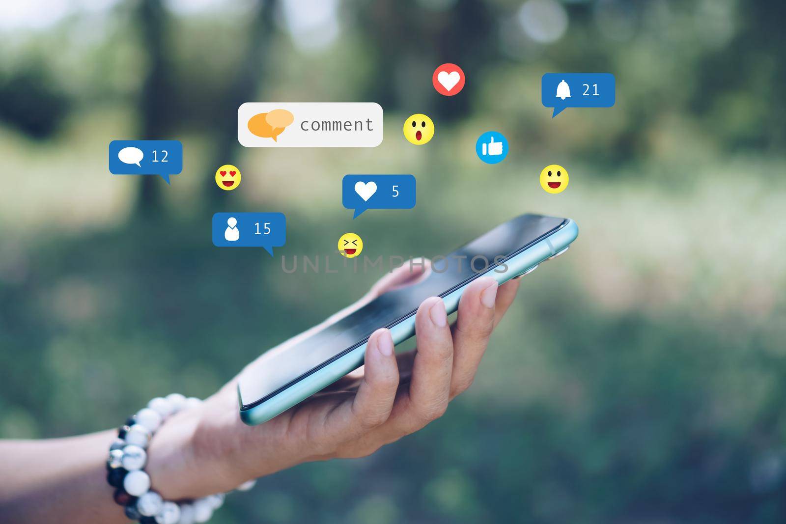 Woman happy play social media on smartphone with communication icon. Technology concept.