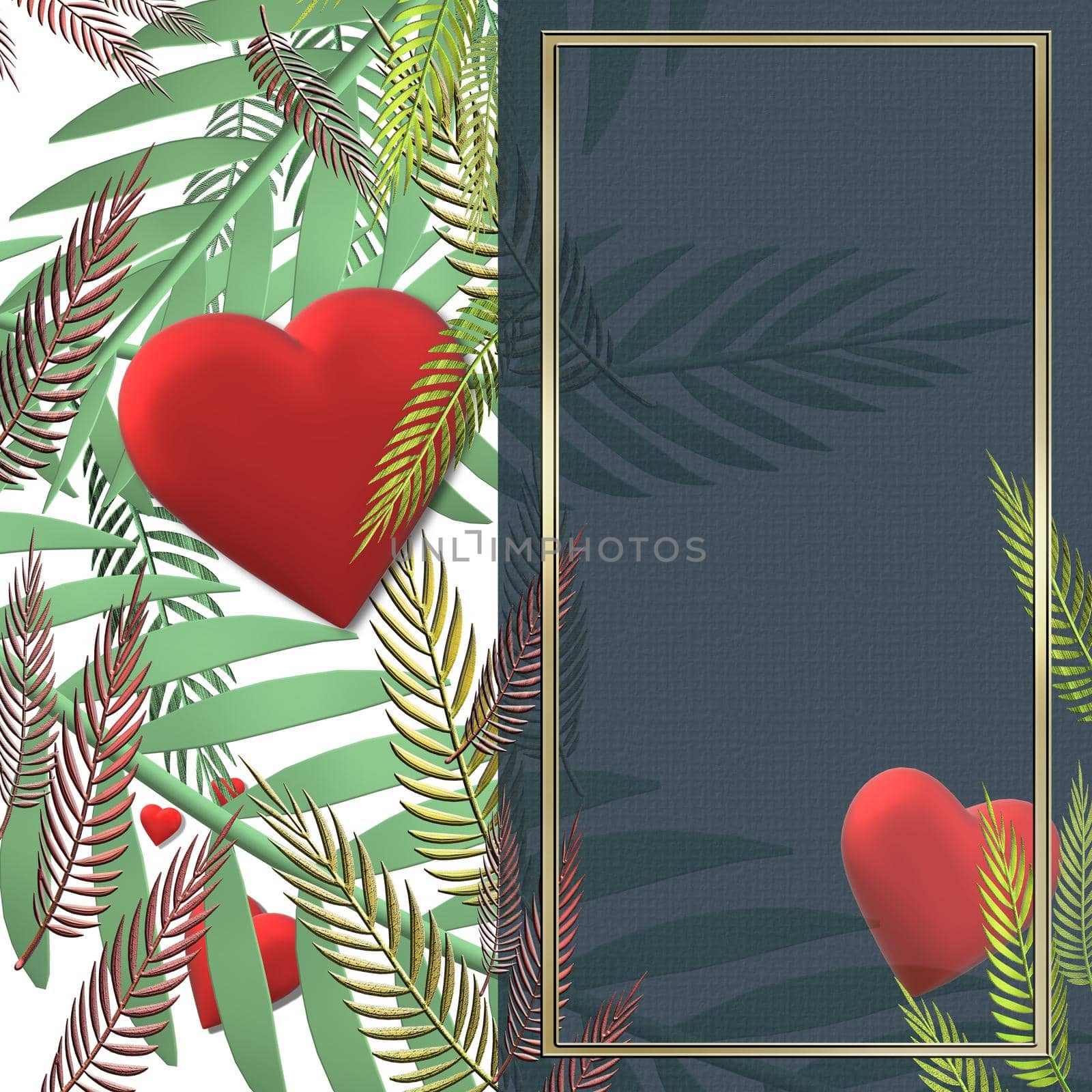 Love card design of red hearts, exotic tropical leaves by NelliPolk