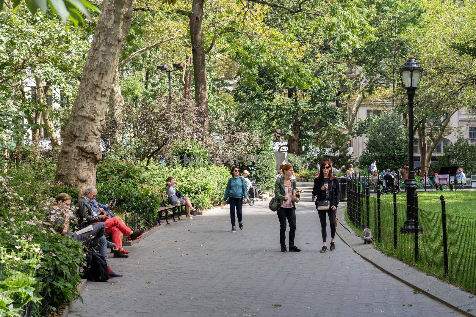 New York City, USA - September 20, 2019: People relaxing in Madison Square Park.