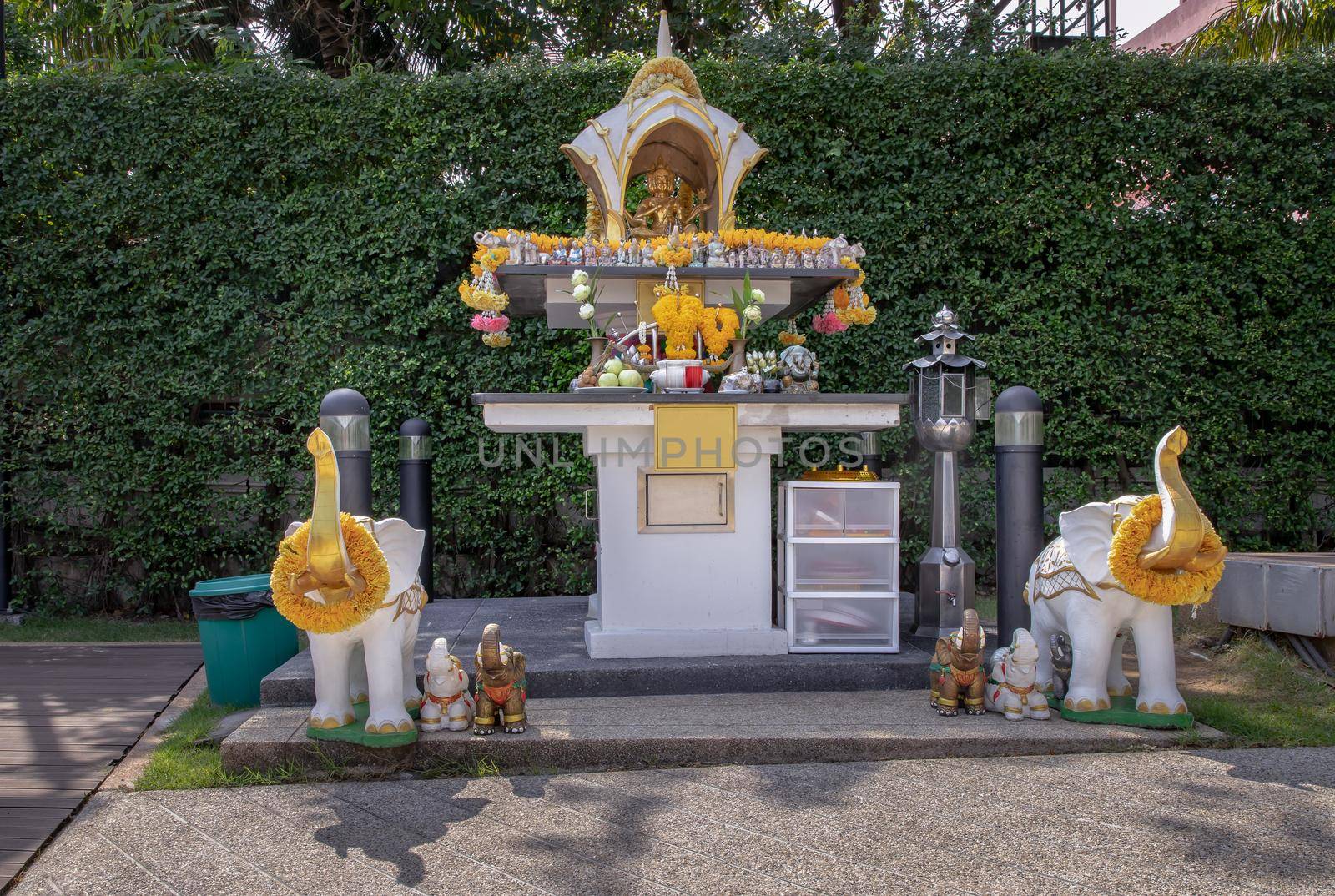 Bangkok, Thailand - 18 Jan 2021 : The Thao Maha Phrom Shrineis a shrine which houses a statue of Phra Phrom (Four faced god). The Thai representation of Brahma, the Hindu god of creation. Selective focus.