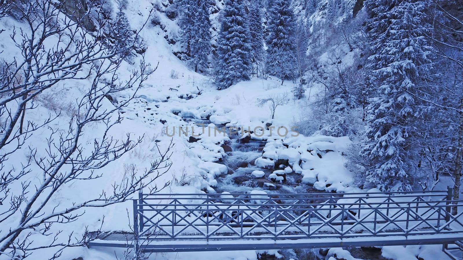 A metal bridge among tall fir trees in the snowy mountains. The view from the drone to the gorge with the river and the trees covered with snow. Clean water, forest. Steep cliffs and rocks. Almarasan