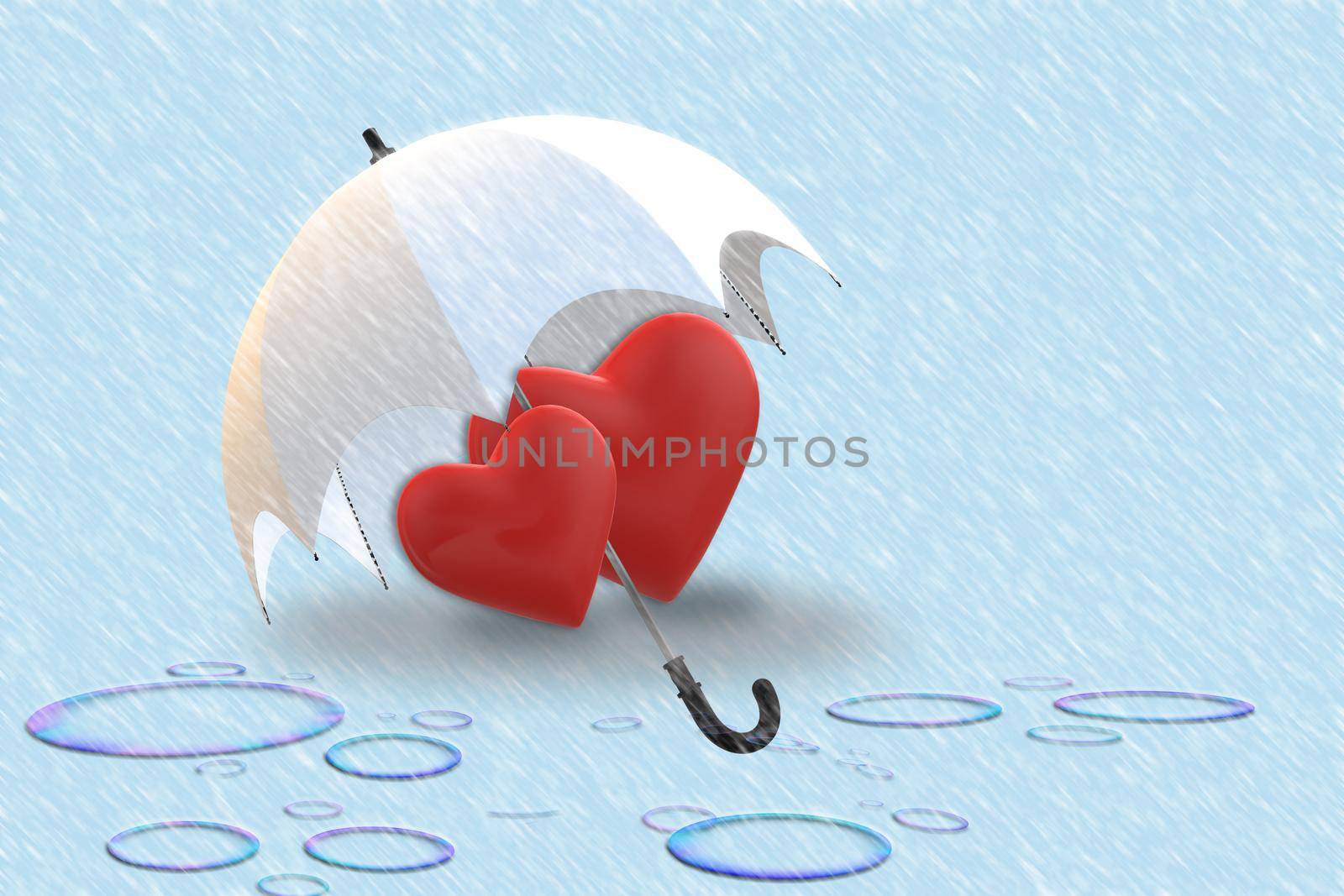 Love heart under umbrella protection in rainy day. Two hearts in love over blue background with rain. Valentine's day greeting card design. 3D rendering
