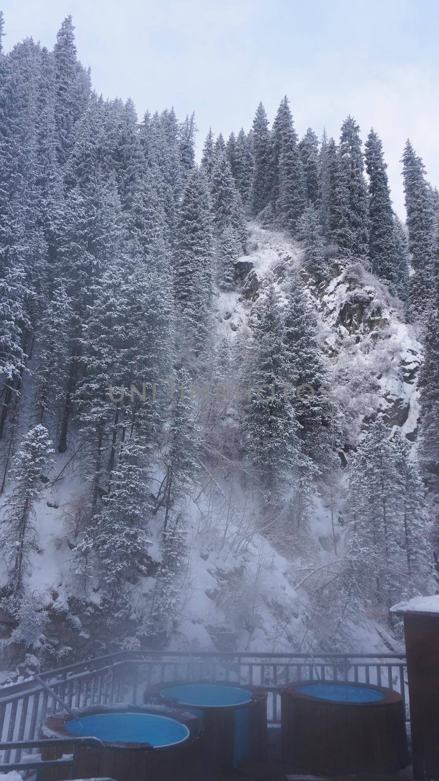 There is steam from barrels with hot springs. Warm radon clean river. Bridge and metal structures for swimming. Gazebo and cabins. Mountainous terrain in winter. Tall fir trees. Almarasan, Almaty