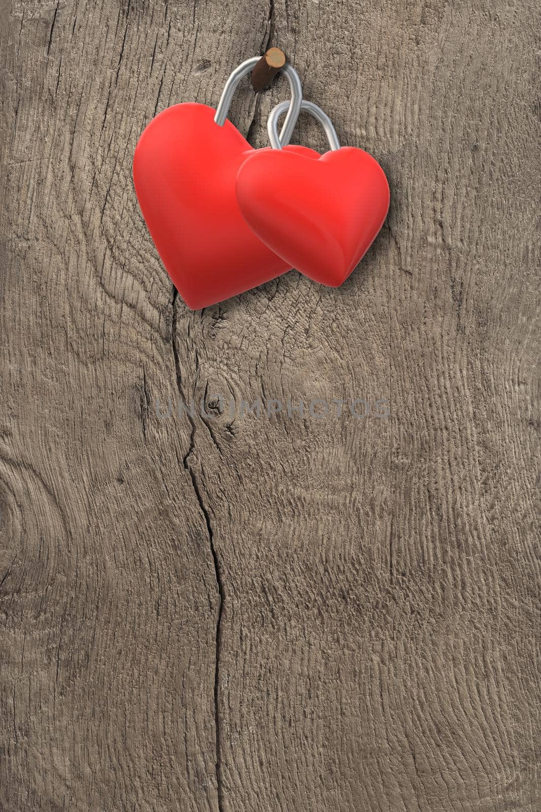 Two hearts locked together on grunge wooden background. Eternal love, love forever, Valentines, marriage, invitation design