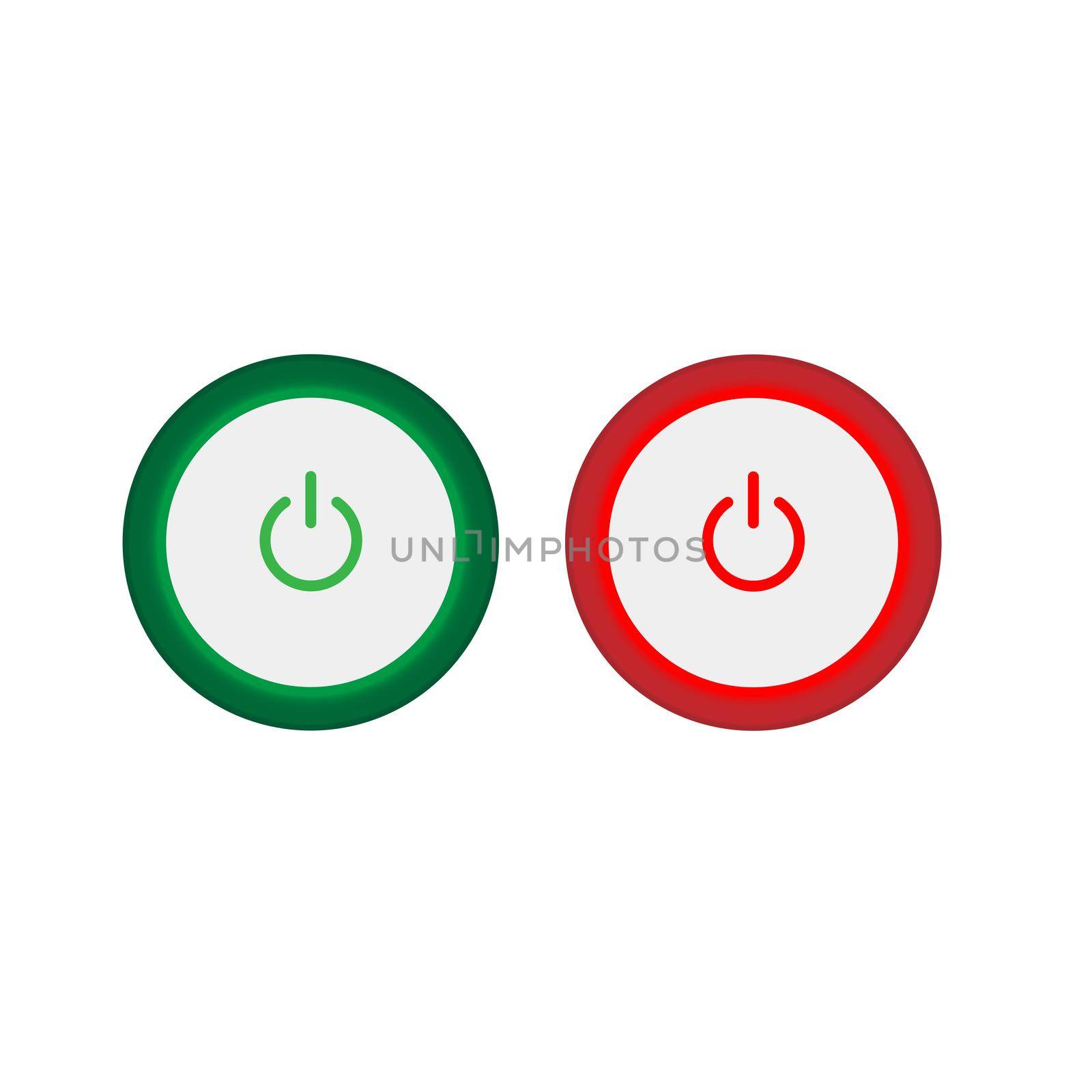 Set of 2 On Off push power buttons with dark grey background, The Off buttons are enclosed in red icon in white and red circle and the on buttons in green icon in white and green circle,