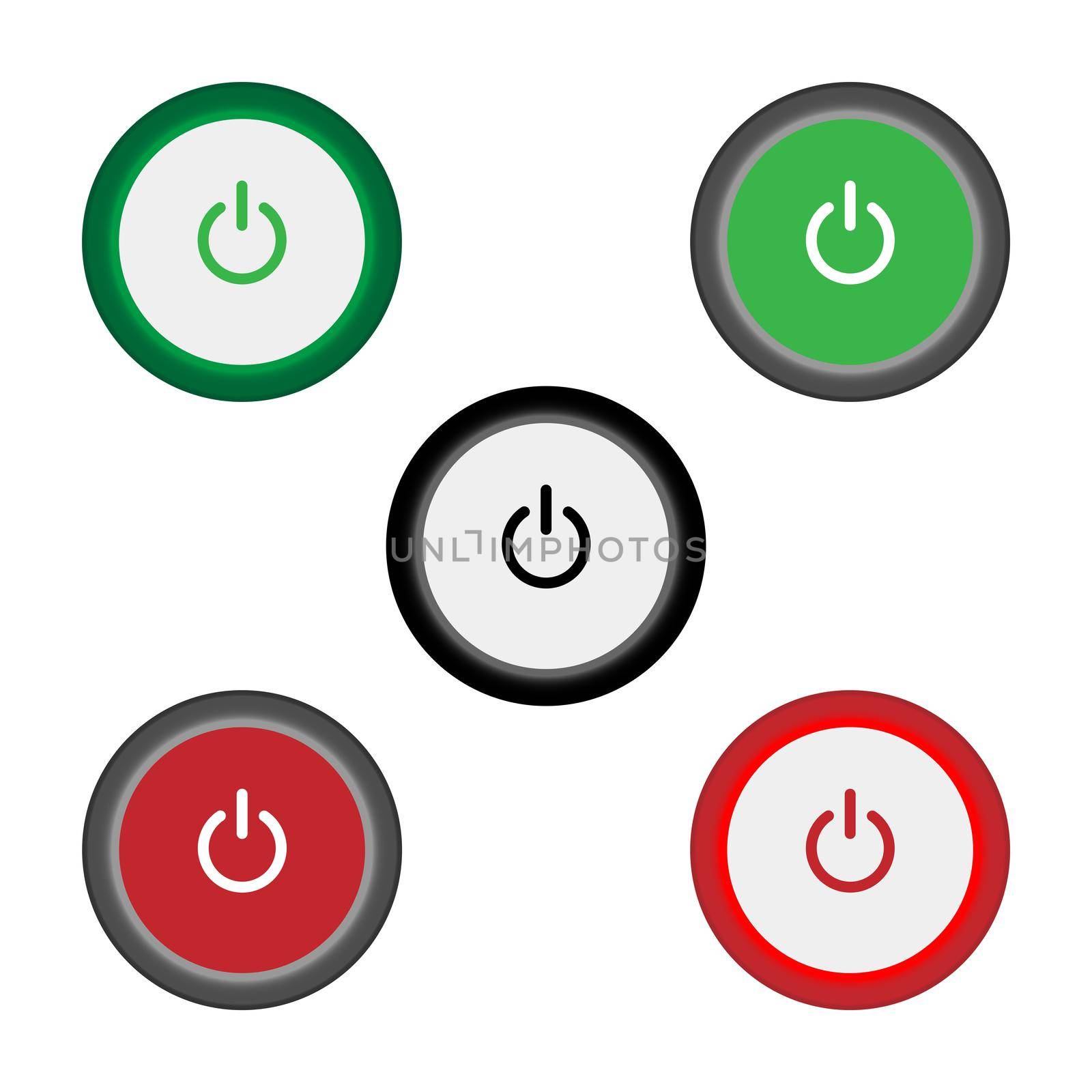 Set of 5 On Off slider style power buttons with black background, The Off buttons are enclosed in red, black, green and white icon in circle,