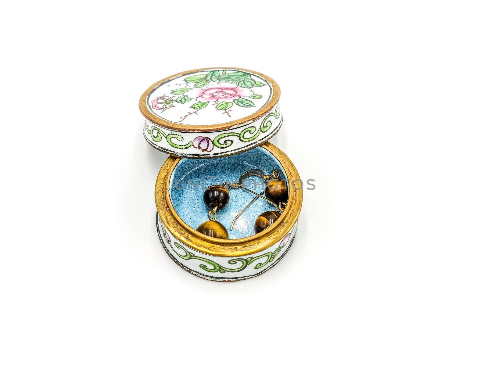 Rustic Vintage Round Jewelry Porcelain Decorative Floral Trinket Box in White Background