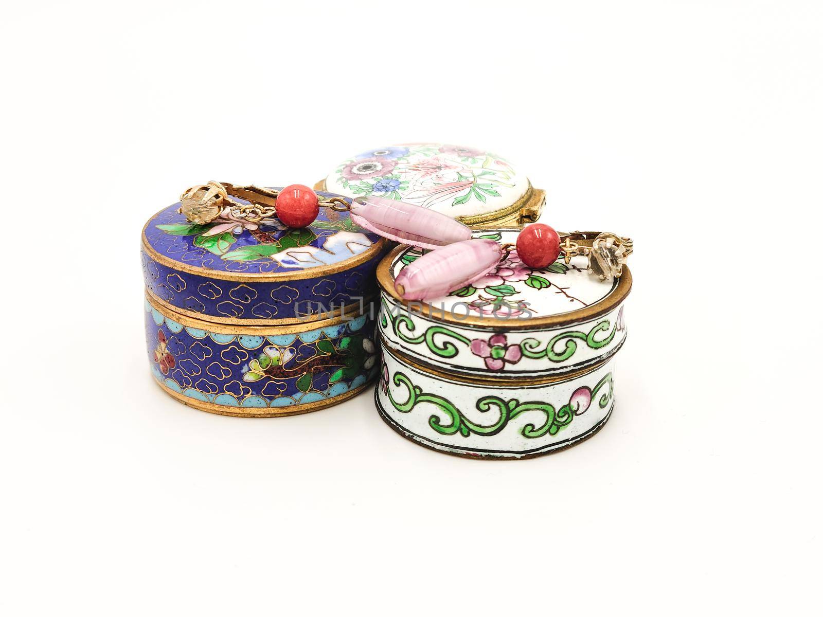 Rustic Vintage Round Jewelry Porcelain Decorative Floral Trinket Box in White Background