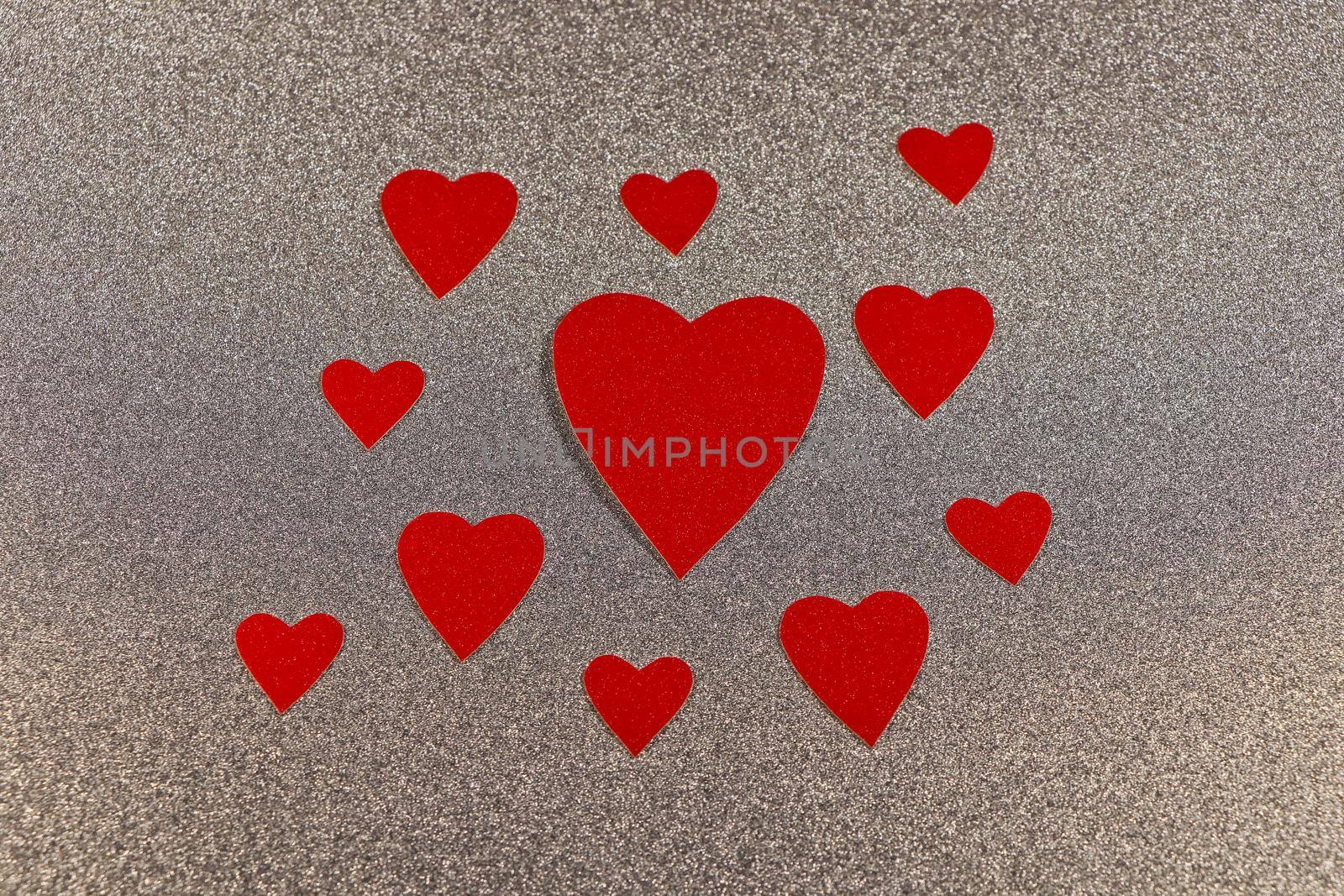 Red Hearts Cluster On Silver Abstract Background Design by jjvanginkel