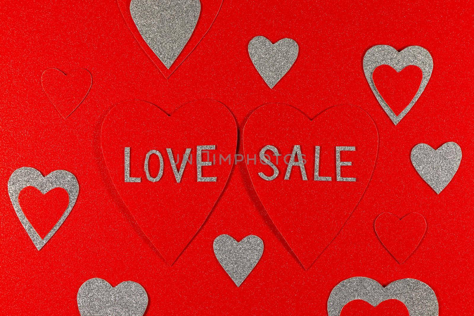 Saint Valentine's day love sale red and silver hearts with red background design