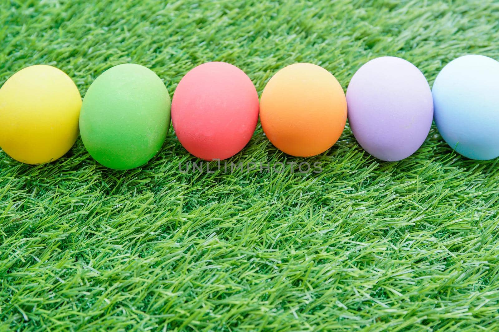 Close up Colorful easter eggs on on green gras background