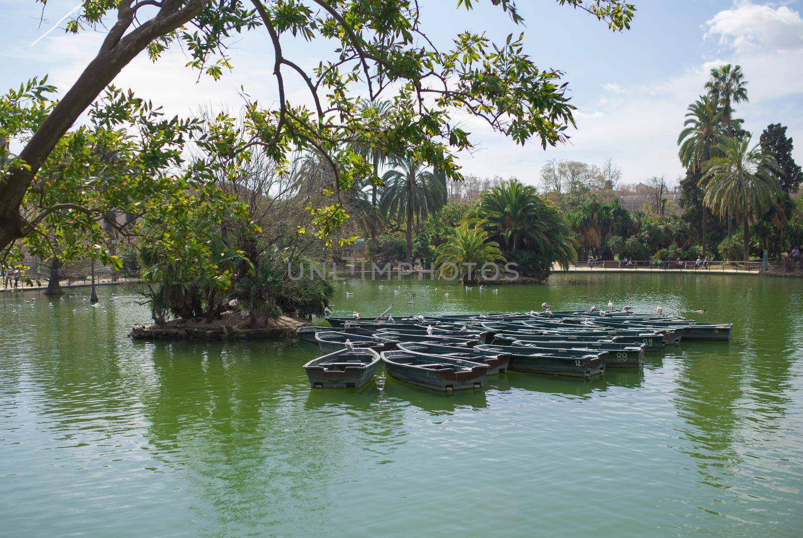 Pond with boats in park De la Ciutadella in Barcelona, Catalonia, Spain. Architecture and landmark of Barcelona. Cozy cityscape of Barcelona by aprilphoto