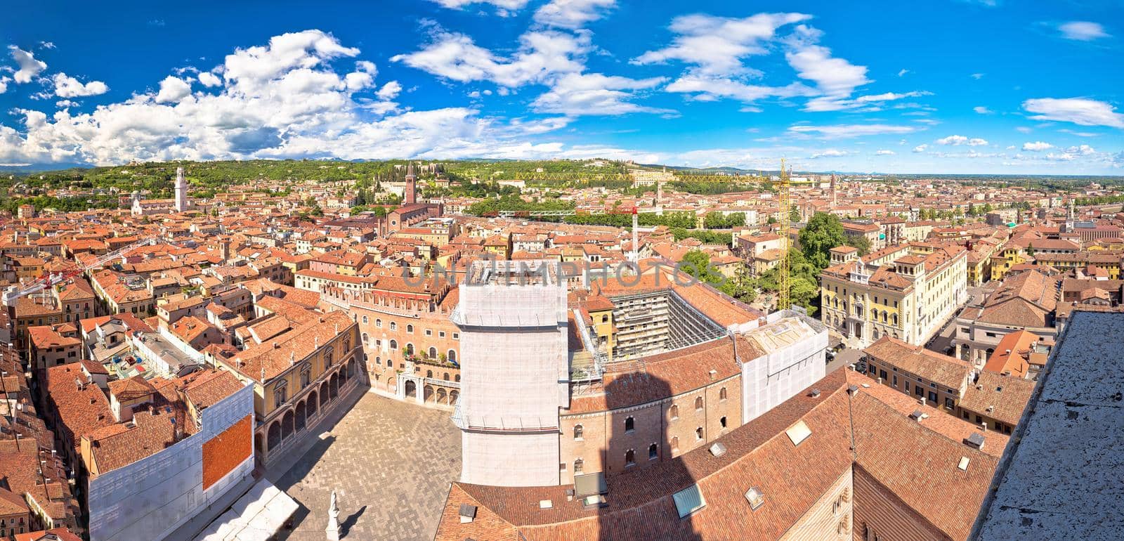 City of Verona aerial panoramic view from Lamberti tower, rooftops of old town, Veneto region of Italy
