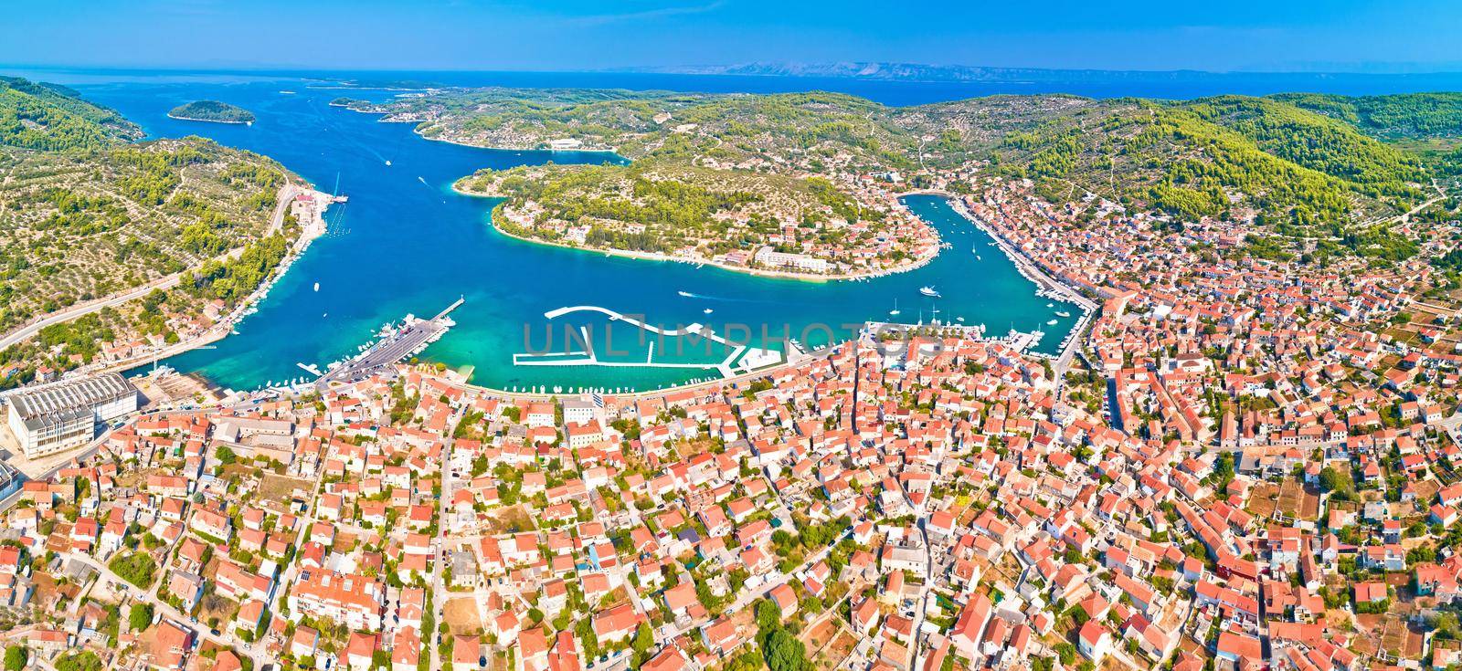 Bay of Vela Luka on Korcula island aerial panoramic view, archipelago of southern Dalmatia, Croatia
