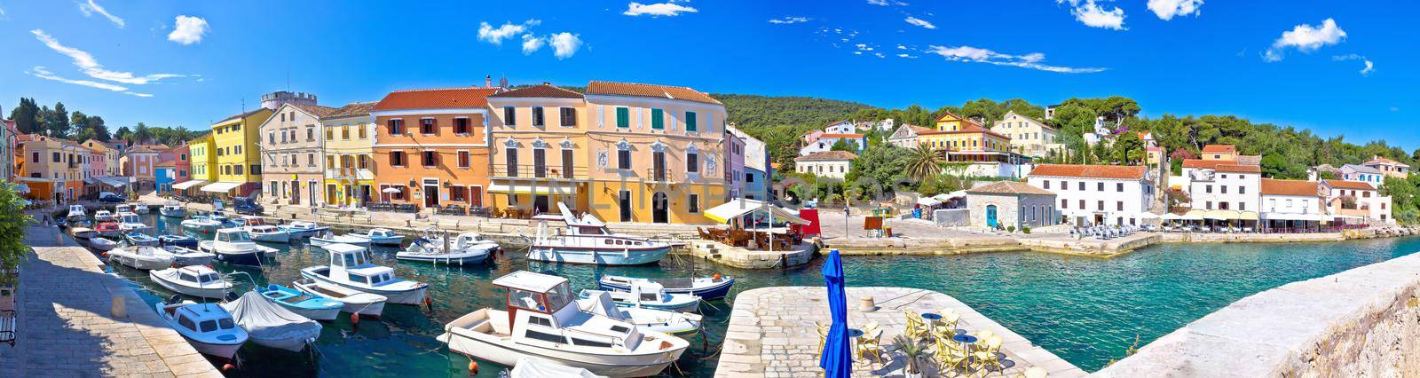Island of Losinj. Veli Losinj harbor and colorful architecture panoramic view. Kvarner archipelago of Croatia.