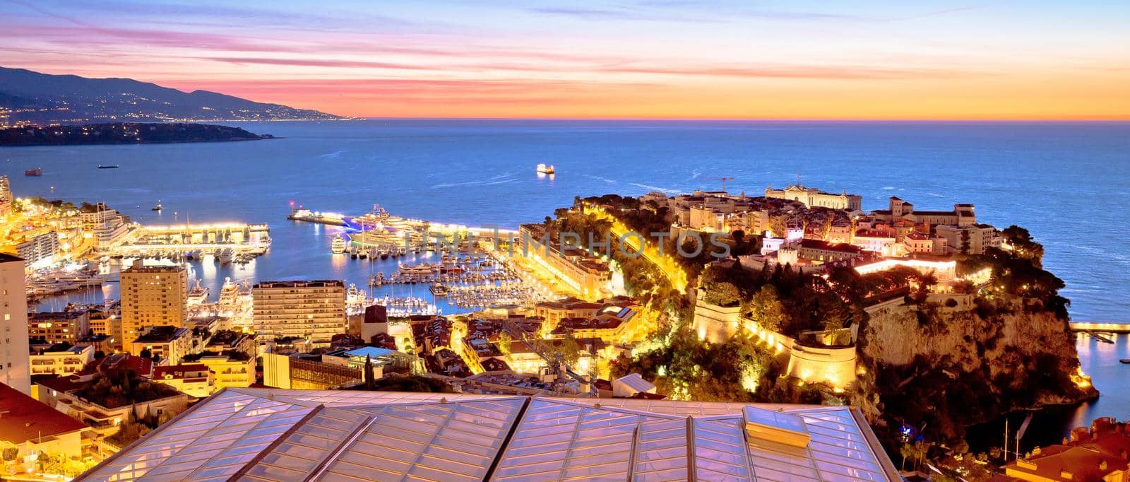 Monte Carlo and Monaco cityscape colorful evening panoramic view, Principality of Monaco
